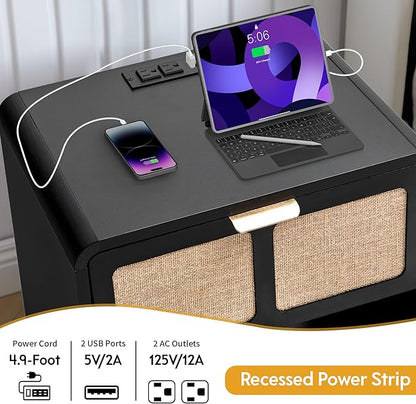 LEVNARY Nightstand Set of 2, Mid-Century Modern Bedside Table with Charging Station and Fabric-Like Textured Drawer, Wooden End Table for Farmhouse Bedroom Living Room (2, Black)