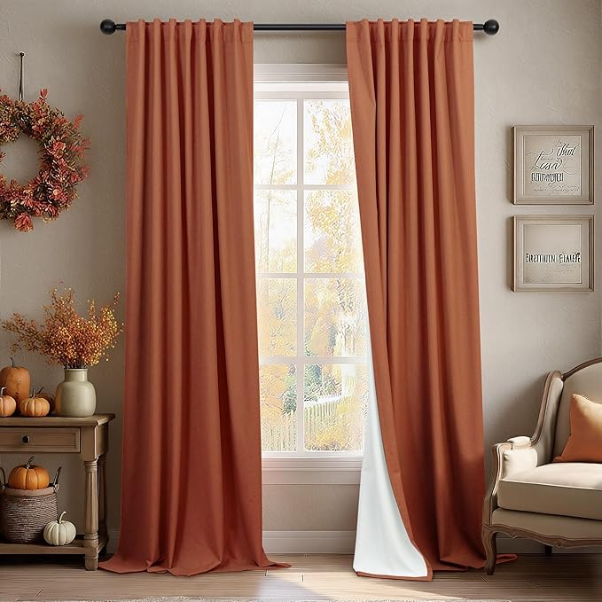 Patio Sliding Glass Doors Curtains 108 Inches Long 2 Panel Blackout Linen Textured Bohemian Autumn Fall Decorations Hippie Decorative Thermal Drapes for Summer Heat Light Blocking Black Out Terracotta