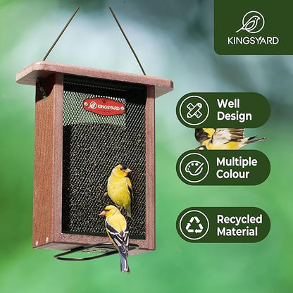 Kingsyard Metal Mesh Bird Feeder for Outdoors Hanging, Finch Feeder for Nyjer/Thistle, Sliding Mesh & Built-in Perch, Recycled Plastic, Brown