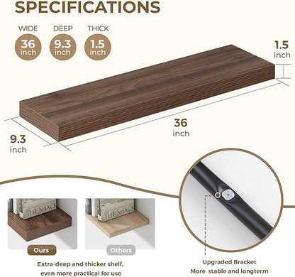 Dreamland 36 Inches Floating Shelves for Wall, 9.3" Deep Long Floating Shelves Set of 2, Large Display & Storage Shelf, Wall Shelf for Bathroom Bedroom Living Room Kitchen Office, Walnut