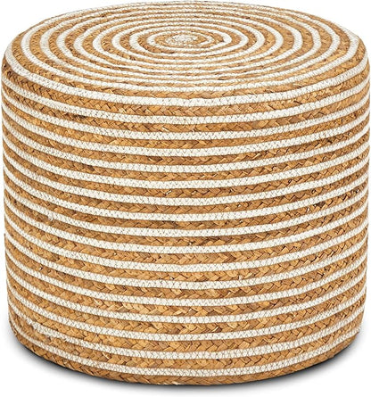 Wimarsbon 18'' Ottoman Pouf, Natural Braided Poof, Rustic Handweave Lounge Pouffe, Boho Footrest Stool for Bedroom, Accent Table or Seat for Living Room (Natural Water Hyacinth + White Cotton Rope)