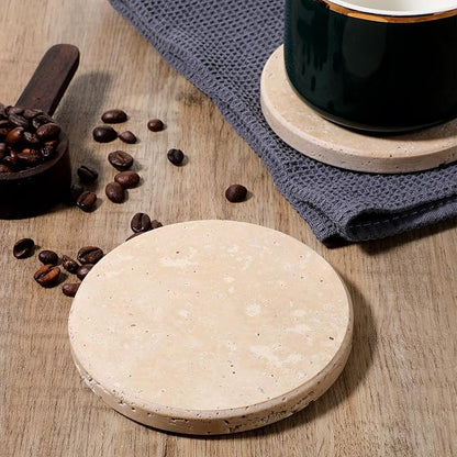 Beige Natural Travertine Marble Coasters Set of 4, Round 4 Inch Diameter Drink Marble Coasters for Housewarming Gifts, Anniversaries, Office Decorations Protect Tables from Stains & Scratches