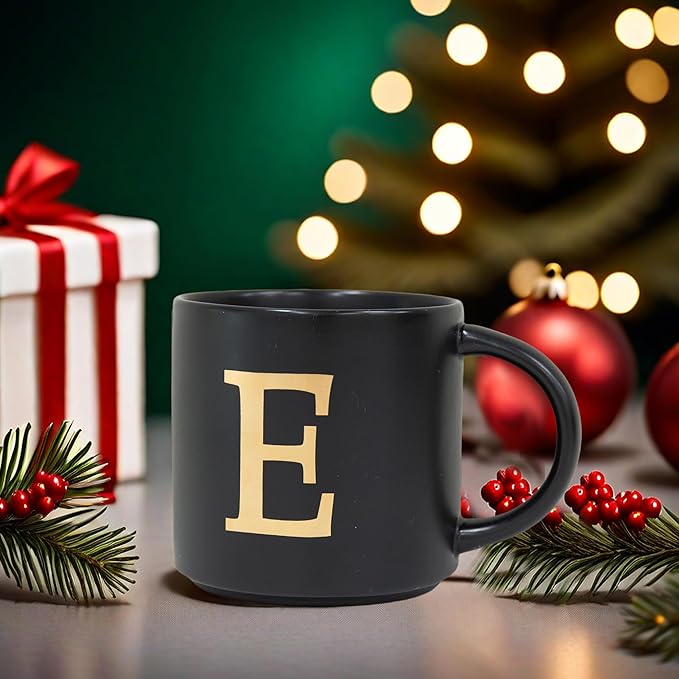 COLLECTIVE HOME - Monogram Ceramic Mugs, 15 oz Golden Initial Black Coffee Cups, Elegant Alphabet Tea Mugs, Elegant Personalized Mug with Gift Box, Unique Mug with Double Side Capital Lette (E)