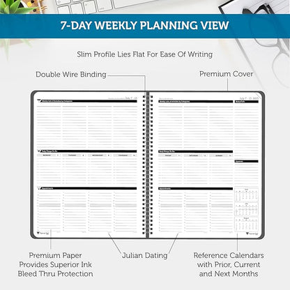 Planner Pad Spiral Bound 3-Tier Funnel Down 12 Month Organizer, July 2025 – June 2026 / Academic Year, Black Cover/Black Ink, 8 1/2" x 11"