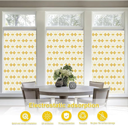 Window Privacy Film Stained Glass Decorative Static Clings Frosted Window Tint for Home Room Decor Bathroom Door Car Stickers with Glittering Effect, Removable(Golden Geometry)