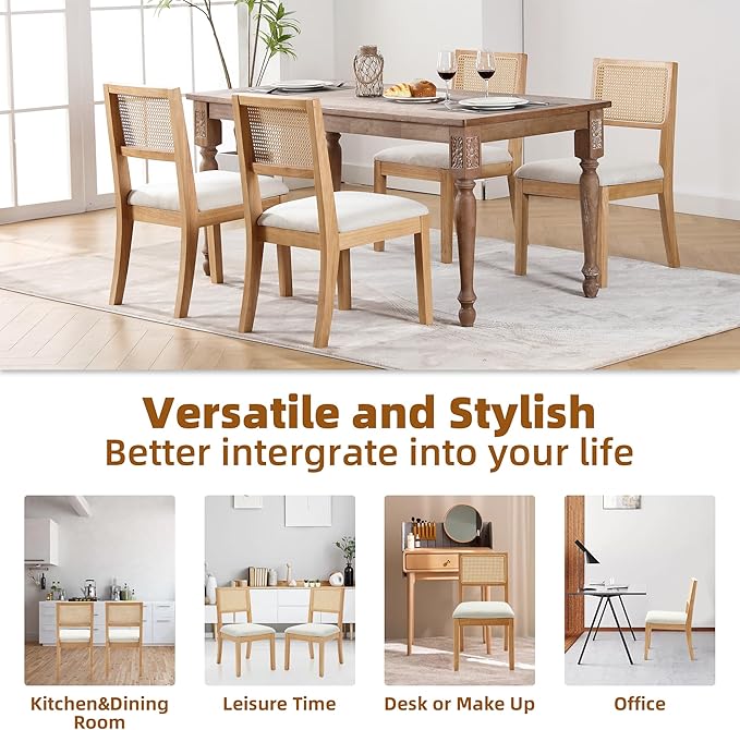 Westice Rattan Dining Chairs Set of 4, Farmhouse Natural Dining Room Chairs with Upholstered Cushion, Wood Armless Chairs for Kitchen/Restaurant