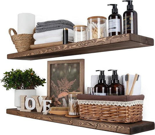 BGMG Floating Shelves 36 inch Long, Distressed,Wide Rustic Wooden Wall Shelves for Bathroom Living Room Bedroom Kitchen Farmhouse Set of 2-36x6.7x1.25 inch-Distressed Walnut