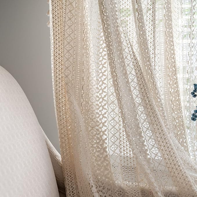 Sutuo Home Boho Curtain Crochet Lace Semi-Sheer Bohemian Hollow Knitted Handmade Tassels, Rod Pocket Window Treatment Vintage Rustic Farmhouse Drapes for Bedroom, 1 Panel 59" W x 96" L, Beige