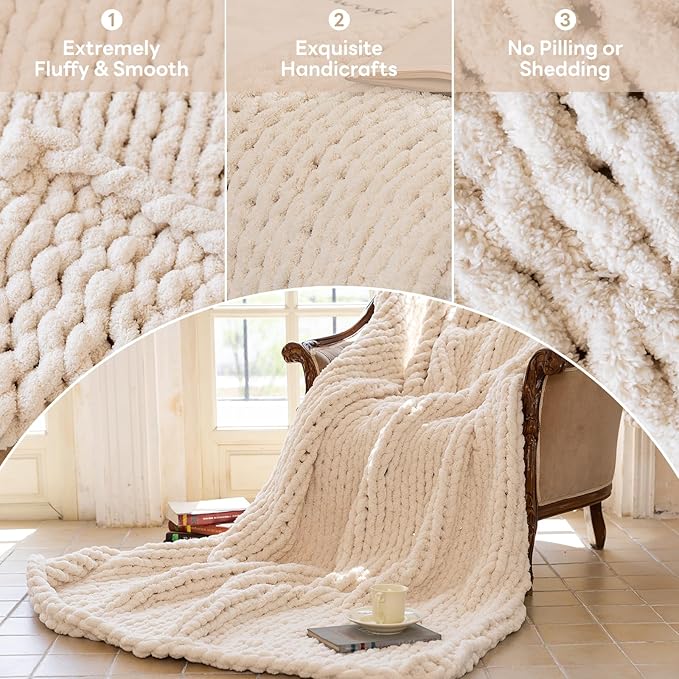 Chunky Knit Blanket - Luxury Soft Cozy50 * 60 Throw Blanket,100% Woven Blanket Rope Knot Throw Blanket for Couch, Sofa, Home Decor, Gift - Machine Washable（Cream）