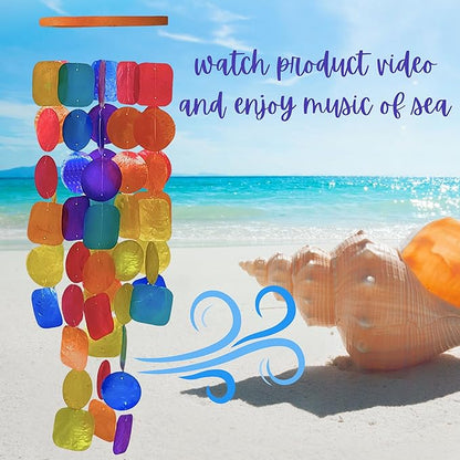 Bellaa 22906 Wind Chimes Outdoor, Garden Decorations, Musical, Indoor/Outside Windchimes, Beach, Ocean Breeze, Gifts for Mom, Gift for All Occasions, Capiz Sea Glass Shells Wood White Blue Green
