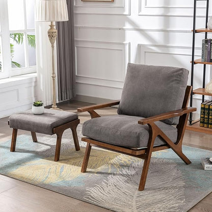 Wahson Set of 2 Mid Century Arm Chairs and Ottomans, Upholstered Accent Armchair with Wood Frame and Canvas Cushions, Leisure Slipper Chair for Living Room/Bedroom, Grey