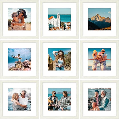 Vittanly 12x12 Picture Frames Set of 9, Shatter Resistant Plexiglass, Display 8x8 Pictures with Mat or 12x12 without Mat, Photo Frames for Wall Mount, Engineered Wood, Whitemist