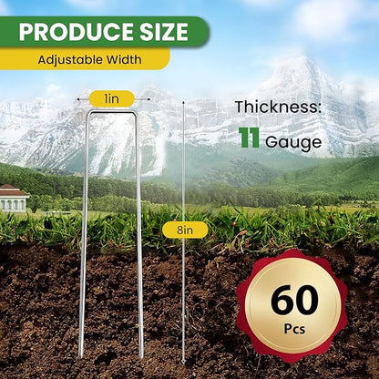 Landscape Staples 8 Inch 60 Pack, Garden Stakes Galvanized Garden Staples 11 Gauge, Plant Cover Stakes for Lawn Weed Barrier