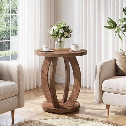 Tribesigns End Table, Round Side Table with Storage, Farmhouse Nightstand Bedside with Round Tabletop, Accent End Table for Living Room Bedroom Small Space, Wooden Accent Furniture (2, Brown)