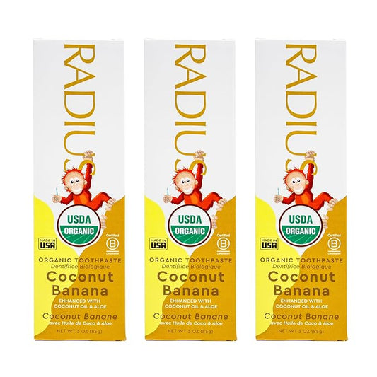 RADIUS USDA Organic Kids Toothpaste 3oz Non Toxic Chemical-Free Gluten-Free Designed to Improve Gum Health for Children's 6 Months and Up - Coconut Banana - Pack of 3
