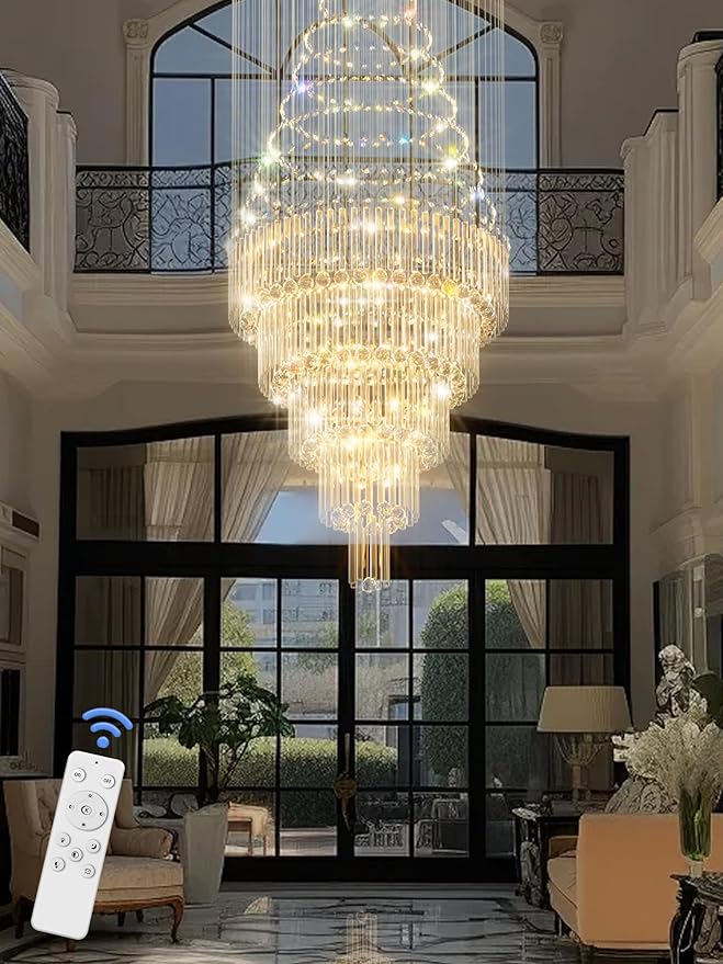 Flashing God D40''X H110'' High Ceiling Big Chandelier Crystal Raindrop Gold Chandeliers Staircase Large Chandelier Entrance Foyer High Ceiling Lighting Include 15 LED Bulbs Dimmable 2700K-4500K-6000K