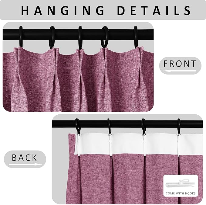 Macochico Extra Wide Full Blackout Linen Curtains for Sliding Door Lilac Pinch Pleated Linen Curtains 96 Inches Long for Bedroom Living Room Farmhouse with Tieback 120”Wx96”L 1 Panel