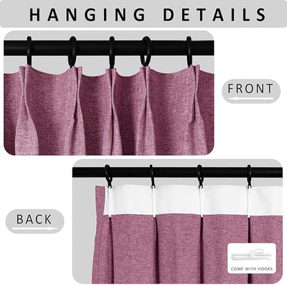 Macochico 52”Wx96”L 100% Blackout Curtains for Bedroom Living Room Nursery Lilac Pinch Pleated Linen Curtains Farmhouse Burlap Drapes Thermal Window Panels with Hooks and Tieback 1 Panel