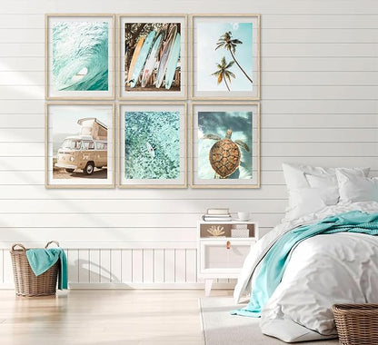 EVPYXFUT Set of 6 Tropical Beach Canvas Wall Art Surf Poster Summer Ocean Coastal Pictures Turtle Print Palm Tree Surfboard Gallery Paintings Nautical Bus Wall Decor for Bedroom Bathroom Unframed