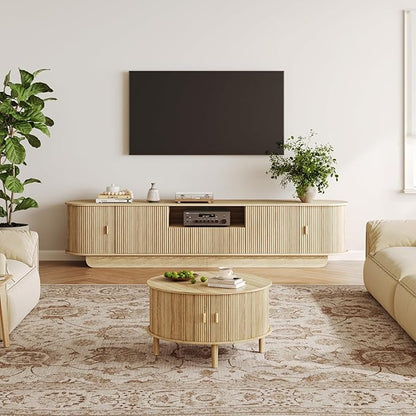Round Coffee Table with Storage,Fluted Table with 360°Curved Sliding Doors,Solid Wood Legs, Mid Century Modern Center Table for Living Room,Apartment, Home Office,Oak,Natural