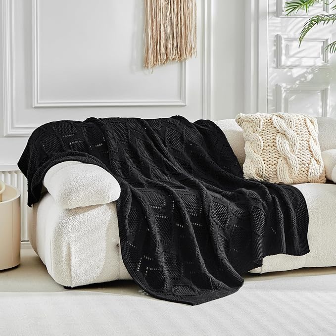 Longhui bedding Chunky Cotton Knit Throw Blanket for Couch, Sofa, Bed, or Chair, Decorative Breathable Fall Cable Knit Blanket 51 x 63 Inches, Medium Weight Black