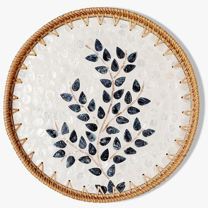 Round Rattan Tray with Mother of Pearl Inlay & Wooden Base - Decorative Wicker Serving Tray for Coffee/Bread/Fruits, Food Storage & Display - Multipurpose Home Decor (L,Little Tree)