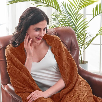 inhand Knitted Throw Blankets for Couch and Bed, Soft Cozy Knit Blanket with Tassel, Orange Rust Lightweight Decorative Blankets and Throws, Farmhouse Warm Woven Blanket for Men and Women, 50"x60"