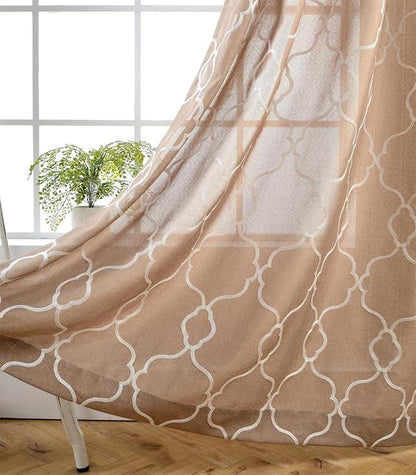 MIUCO Moroccan Embroidered Semi Sheer Curtains Faux Linen Grommet Curtains for Living Room 52 x 84 Inch 2 Panels Set, Taupe