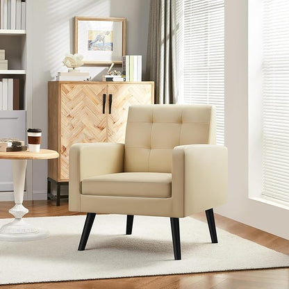 Yaheetech Mid-Century Accent Chairs, PU Leather Modern Upholstered Living Room Chair, Cozy Armchair Button Tufted Back and Wood Legs for Bedroom/Office/Cafe Beige