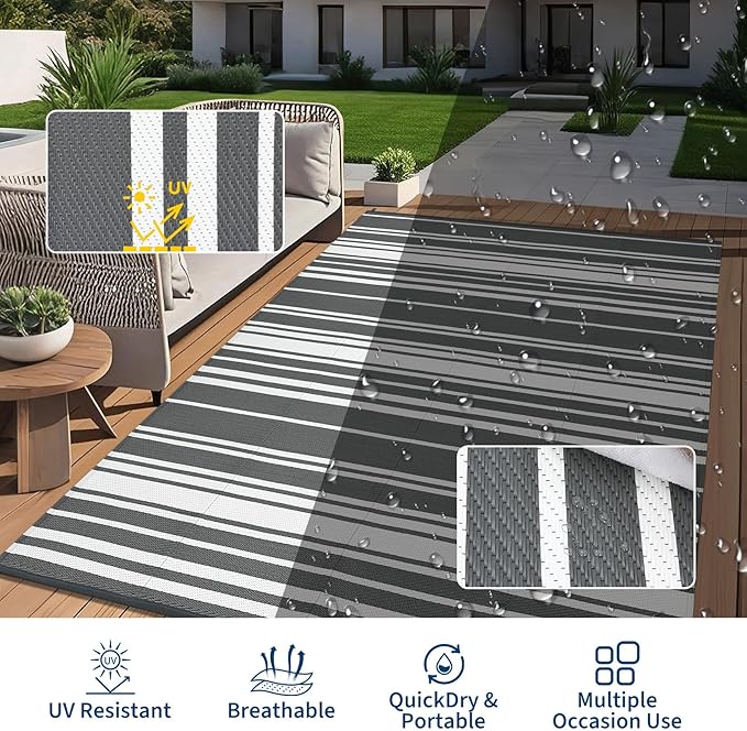 Outdoor Patio Rug 9x12 Stain-Resistant Reversible Camping Mat, Modern Striped Outdoor Plastic Straw Rug, Waterproof Outside Carpet, Easy to Clean for RV, Porch, Deck, Balcony, Grey