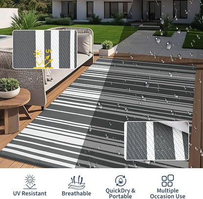 Outdoor Patio Rug 9x12 Stain-Resistant Reversible Camping Mat, Modern Striped Outdoor Plastic Straw Rug, Waterproof Outside Carpet, Easy to Clean for RV, Porch, Deck, Balcony, Grey