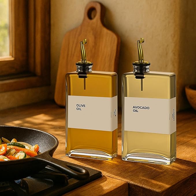 Olive Oil Dispenser Bottle - Includes 44 Kitchen Essential Labels - Cooking Oil Bottles for Kitchen, Coffee Syrup Dispenser - Pourer Spout with 11.8 fl oz Glass Container Cruet - 4pcs, Gold