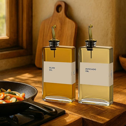 Olive Oil Dispenser Bottle - Includes 44 Kitchen Essential Labels - Cooking Oil Bottles for Kitchen, Coffee Syrup Dispenser - Pourer Spout with 11.8 fl oz Glass Container Cruet - 4pcs, Gold