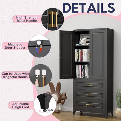 Pantry Kitchen Cabinet with Drawer, 75" Tall Pantry Storage Cabinet, Metal Storage Cabinets with Doors and Shelves, Large Freestanding Cupboard for Dining Room, Assembly Required, Black