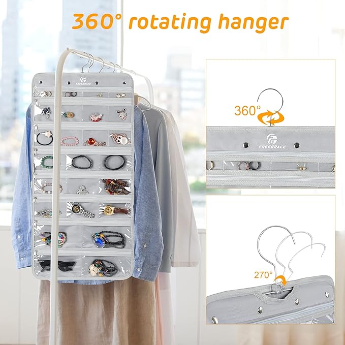 Freegrace Hanging Jewelry Organizer Revolving Hanger - Secure Zipper Closure - 50 Pockets - Foldable Storage & Display Solution - For All Jewelry & Bijoux (Gray)