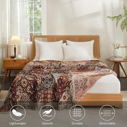 Boho Throw Blanket for Couch Sofa Bed, 100% Cotton Woven Quilt with Tassel 80”x90”, Super Soft Muslin Blanket with Patchwork Printed, Decorative Reversible Bed Blanket/Cover for All Seasons