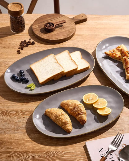famiware Serving Platter, Oval 15.59/14.3/12.9 inch Serving Dishes for Entertaining, Serving Bowls, Microwave Safe, Fine Stonware Serving Trays for Party, Turkey, Cheese, Ocean Series, Dark Grey