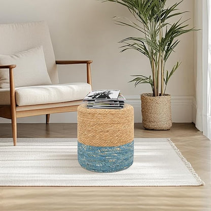 16'' Round Ottoman Natural Seagrass Braided Poof Hand Weaving Round Ottomans Boho Footrest Stool for Home Living Room Bedroom Patio(Natural&Blue)