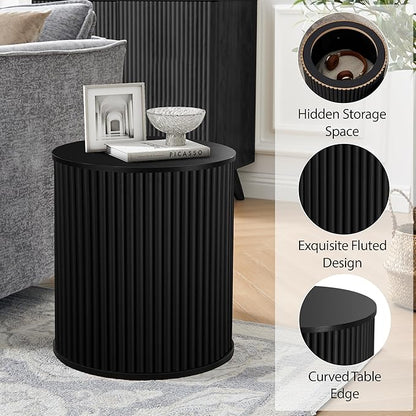 AVZEAR Fluted Round Side Table with Storage, Small Mid Century End Table Fluted Nightstands, Modern Circle Bedside Tables Wood Night Stand for Small Spaces, Living Room, Bedroom (Black)