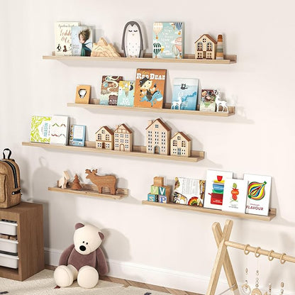 Floating Shelves for Wall, Picture Ledge Shelf 55 Inch Solid Wood Set of 2, Rustic Wall Shelves with Lip, Kids Bookshelf, Photo & Picture Live Edge Floating Shelves for Bedroom, Living Room, Kitchen