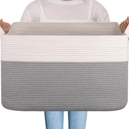 OIAHOMY 95L Blanket Basket, 24”x17”x14”, Large Woven Baskets for Storage, Nursery Cotton Rope Basket with Handle, Living Room, Nursery, Bedroom,Toy Baskets Organizer Bins, Grey & White