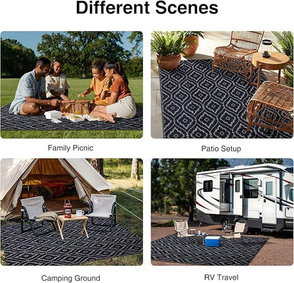 OLANLY Outdoor Rug 5x8 ft Waterproof, Outdoor Plastic Straw Rug with Geometric Pattern Clearance, Reversible RV Mat for Patio, Camping, Balcony, Deck, Backyard, Black & Grey