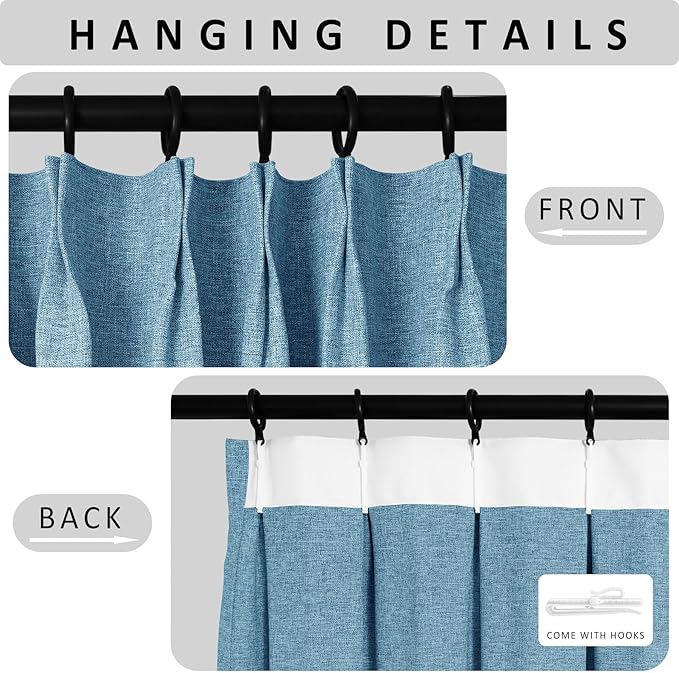 Macochico Pinch Pleated 100% Blackout Curtains Blue Linen Curtains for Bedroom Living Room Farmhouse Thermal Insulated Window Panels Pleated Curtains with Hooks and Tieback 52”Wx72”L 1 Panel