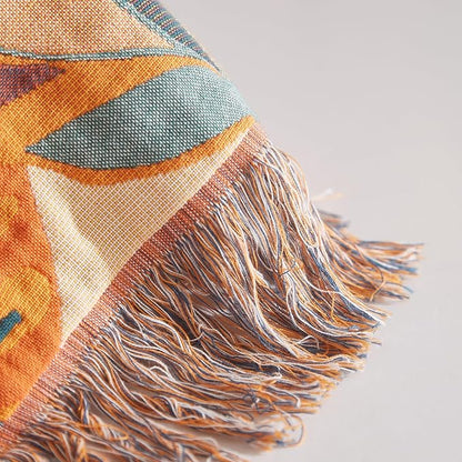 Boho Throw Blanket for Couch Sofa Bed, 100% Cotton Woven Quilt with Tassel 80”x90”, Super Soft Muslin Blanket with Floral Printed, Decorative Reversible Bed Blanket/Cover for All Seasons