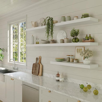 Large Floating Shelves for Wall Set of 2 Wooden Wall Shelves 24 in x 12.75 in x 2 in Room Decor Long Shelf with Invisible Wall Mount Bracket for Bedroom Kitchen Living Room White