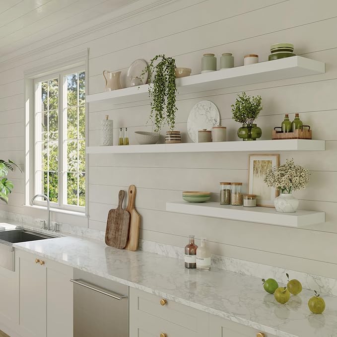 Large Floating Shelves for Wall Set of 1 Wooden Wall Shelves 36 in x 12.75 in x 2 in Room Decor Long Shelf with Invisible Wall Mount Bracket for Bedroom Kitchen Living Room White