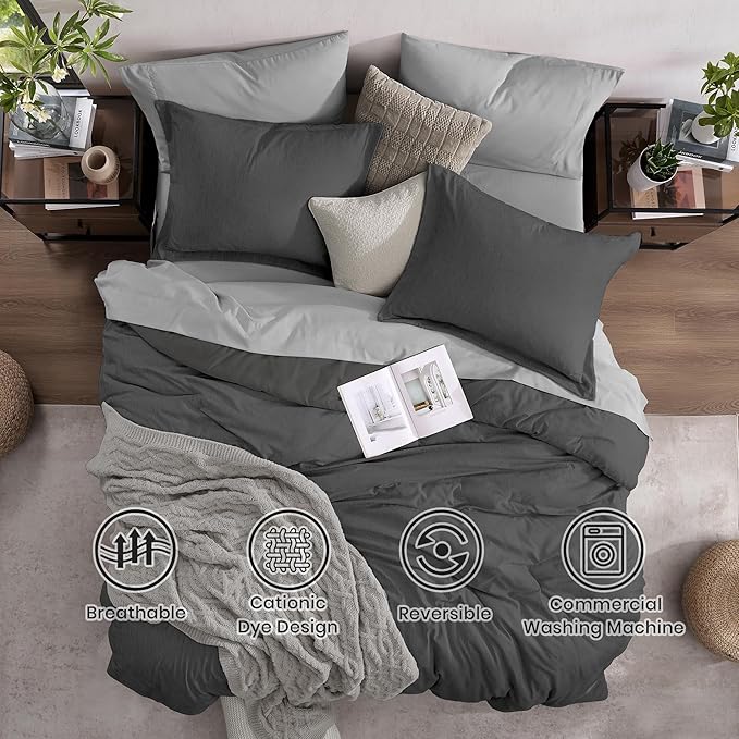Monbix Full Size Comforter Set, Dark Grey Bedding Comforter for Full Size Bed Set Reversible, Bedding Sets Full 7 Pieces, Cationic Dyeing Bed in a Bag with Comforter, Sheets, Pillowcases & Shams