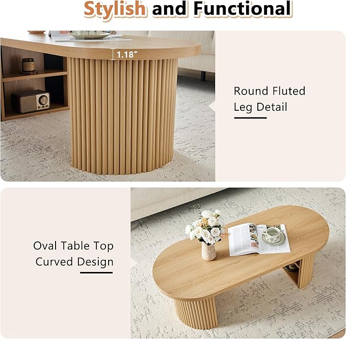 Oval Fluted Coffee Table, 47" Farmhouse Wood Coffee Table Mid Century Modern Center Table Boho Living Room Tables for Living Room Office,Natural