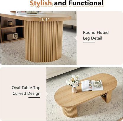 Oval Fluted Coffee Table, 47" Farmhouse Wood Coffee Table Mid Century Modern Center Table Boho Living Room Tables for Living Room Office,Natural