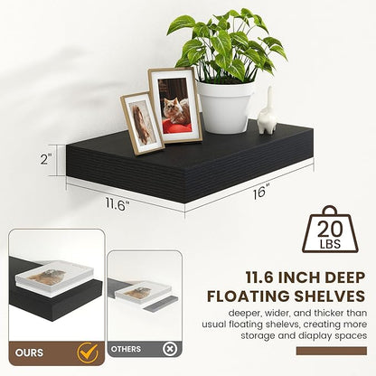 Black Deep Floating Shelves for Wall | 16 Inch Wide x 12 Inch Deep Floating Shelves Set of 2 | Rustic Wood Wide Wall Shelves | Bookshelf Laundry Shelf TV Shelf